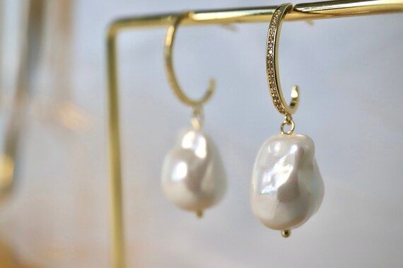 Baroque Pearl Earrings  Pearl Drop Hoop Earrings  Gold - Etsy | Etsy (US)