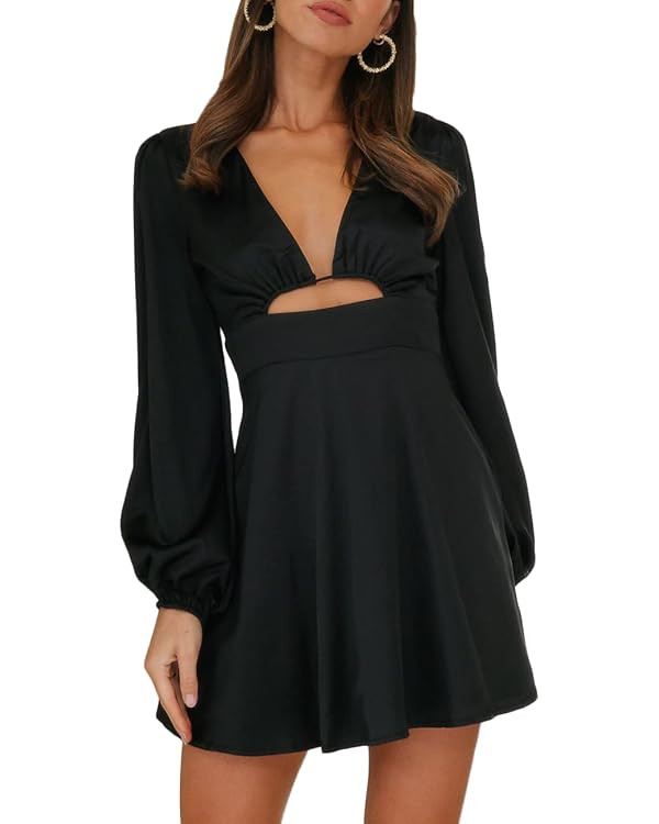 Women's Dress Satin Deep V-Neck Long Sleeve Mini Dress Silk Lantern Sleeve A-Line Front Cut Out D... | Amazon (US)