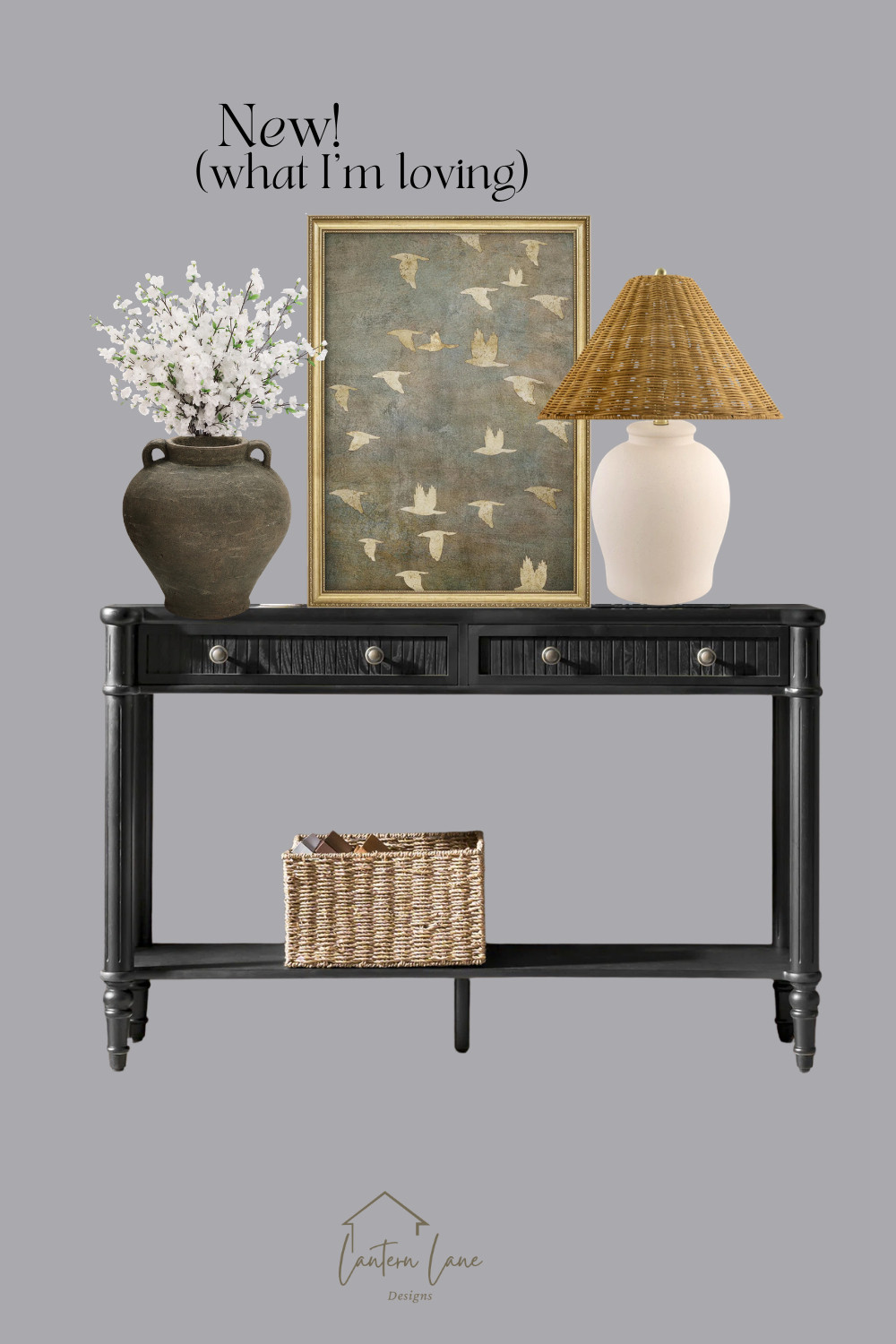 Pretty spring inspired console table decorating ideas. The art is a great Pottery Barn look for less! The lamp is my new favorite and comes in other colors. I love the wicker shade, perfect for spring! 

 #LTKHome #LTKSaleAlert