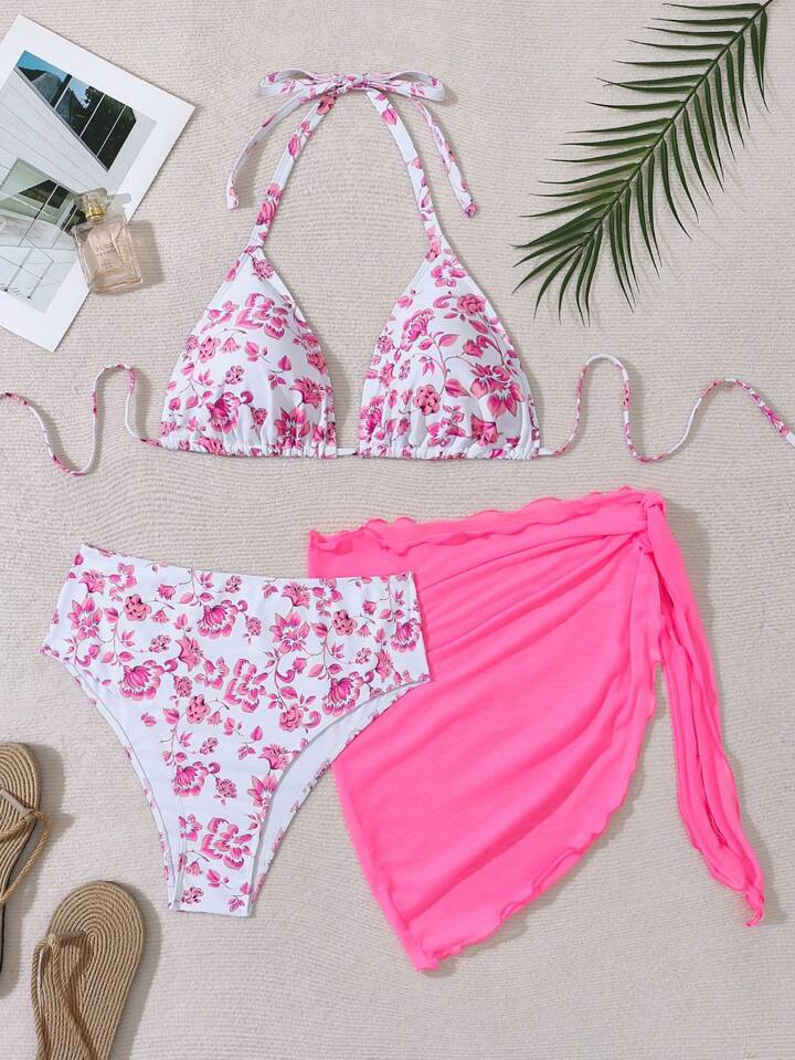 SHEIN Swim Curve Plus Size Women's 3pcs Swimsuit Set, Random Print, Simple Style For Daily Wear |... | SHEIN