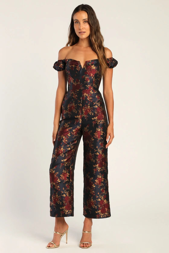 New Glam Midnight Blue Floral Jacquard Off-the-Shoulder Jumpsuit | Lulus