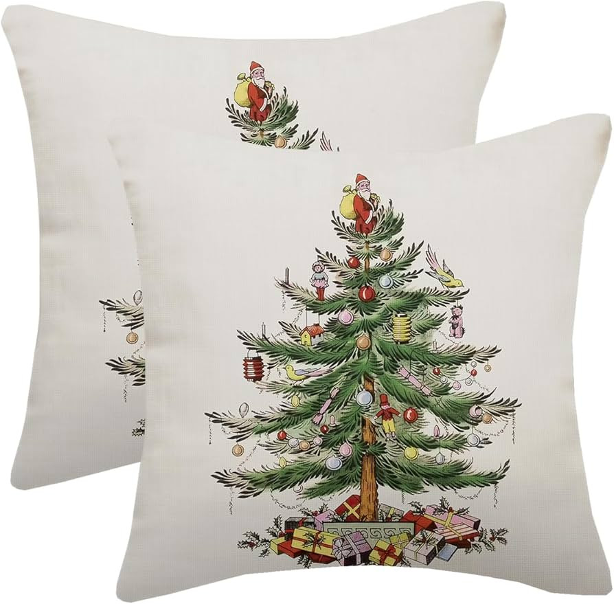 Retro Christmas Pillow Covers 18x18 Inch Set of 2 Green Pine Tree Balloons Birds Dolls Gifts Deco... | Amazon (US)