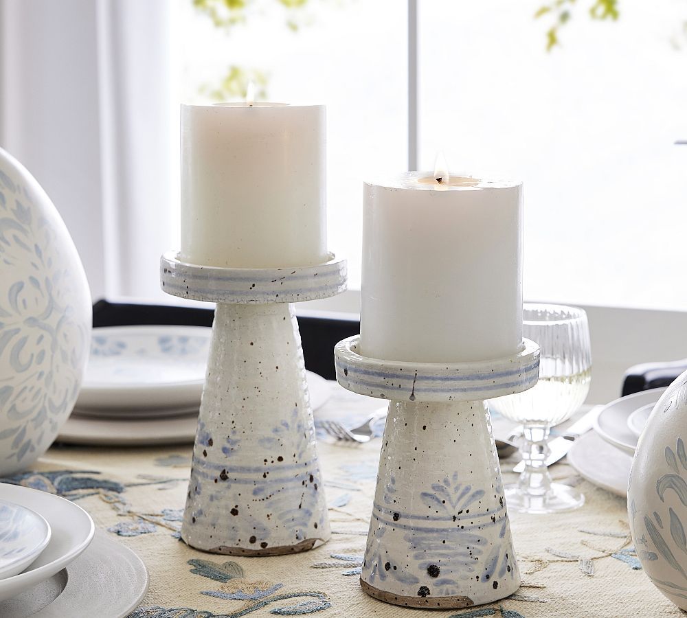 Chambray Patterned Handcrafted Ceramic Pillar Holders | Pottery Barn (US)