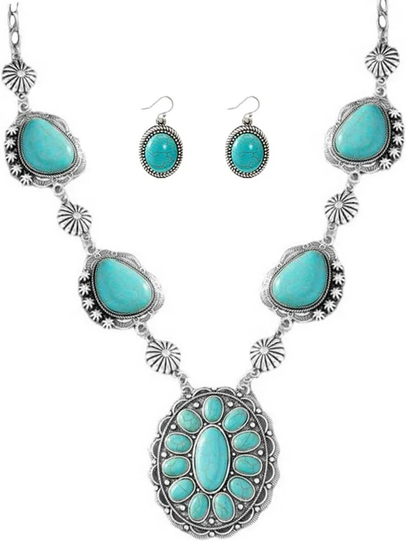 Exaggerated Turquoise Jewelery Set for Women Dangle Earring Pendant Choker Necklace Long Oxidized... | Walmart (US)