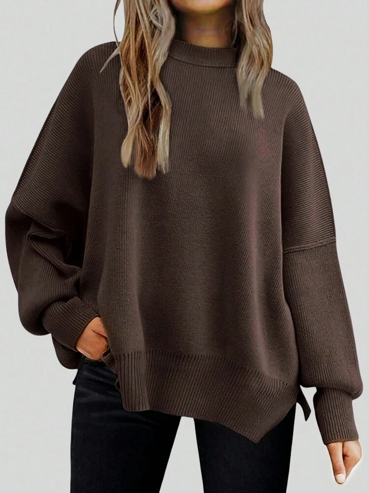 Solid Drop Shoulder Split Hem Sweater,Long Sleeve Tops | SHEIN