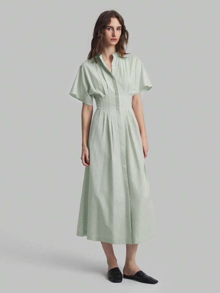 Ontre 2025 New Women Solid Color Front Button Short Sleeve Pleated A-Line Maxi Dress - Casual, Holiday, Business Casual, Suitable For Independence Day, Pride, Vacation, Beach, Birthday Party, Teacher Outfit, Light Blue | SHEIN