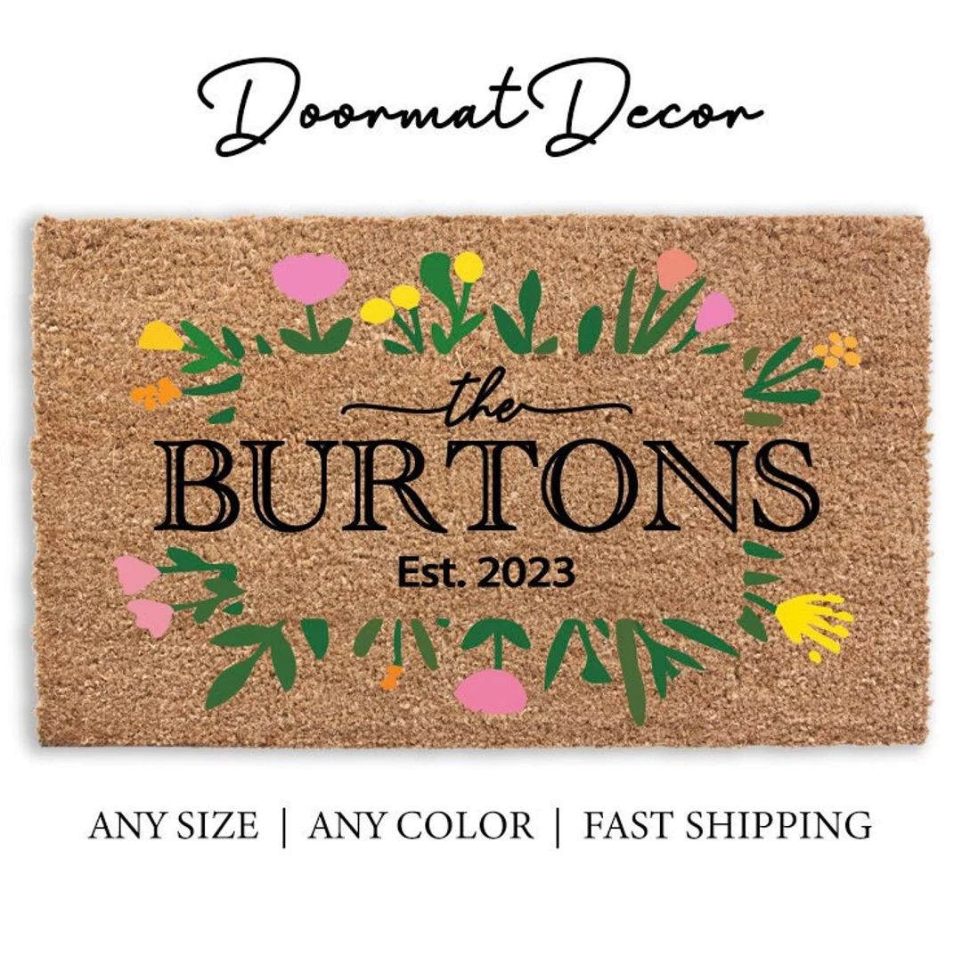 Personalized Spring Flower Doormat, Flocked Coir Door Mat, Colorful Custom Name Outdoor Welcome M... | Etsy (US)