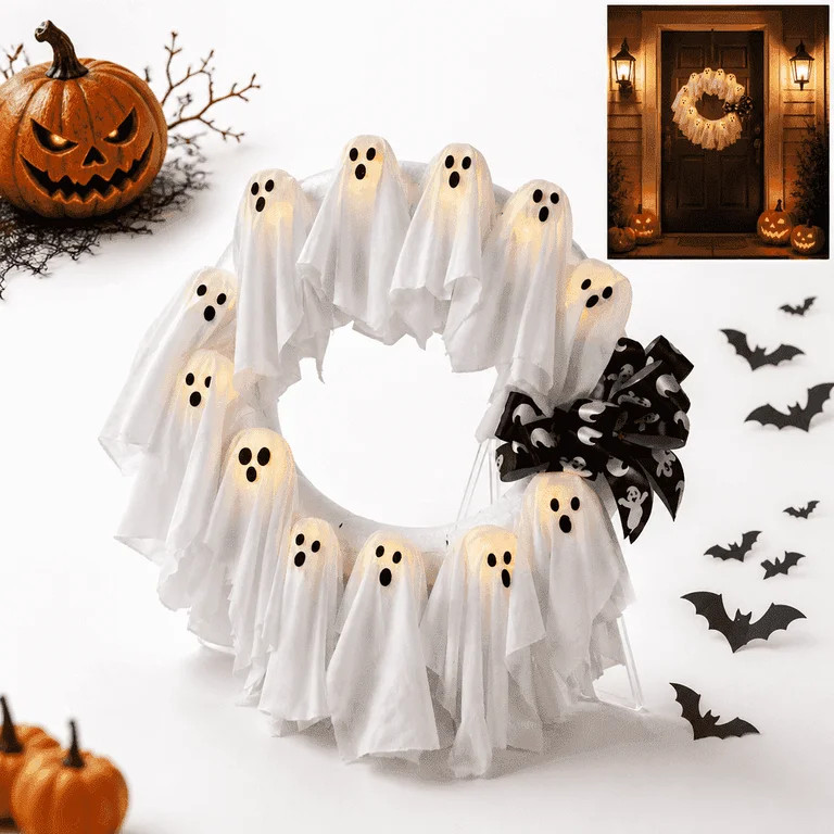 Halloween Ghost Wreath for Front Door\uff0c12 Glowing White Ghost Ribbon Wreath for Indoor & Outd... | Walmart (US)