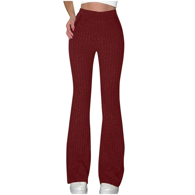 BLVB Womens Ribbed Knit Flare Pants Elastic High Waist Bootcut Yoga Lounge Pants Trousers with Po... | Walmart (US)