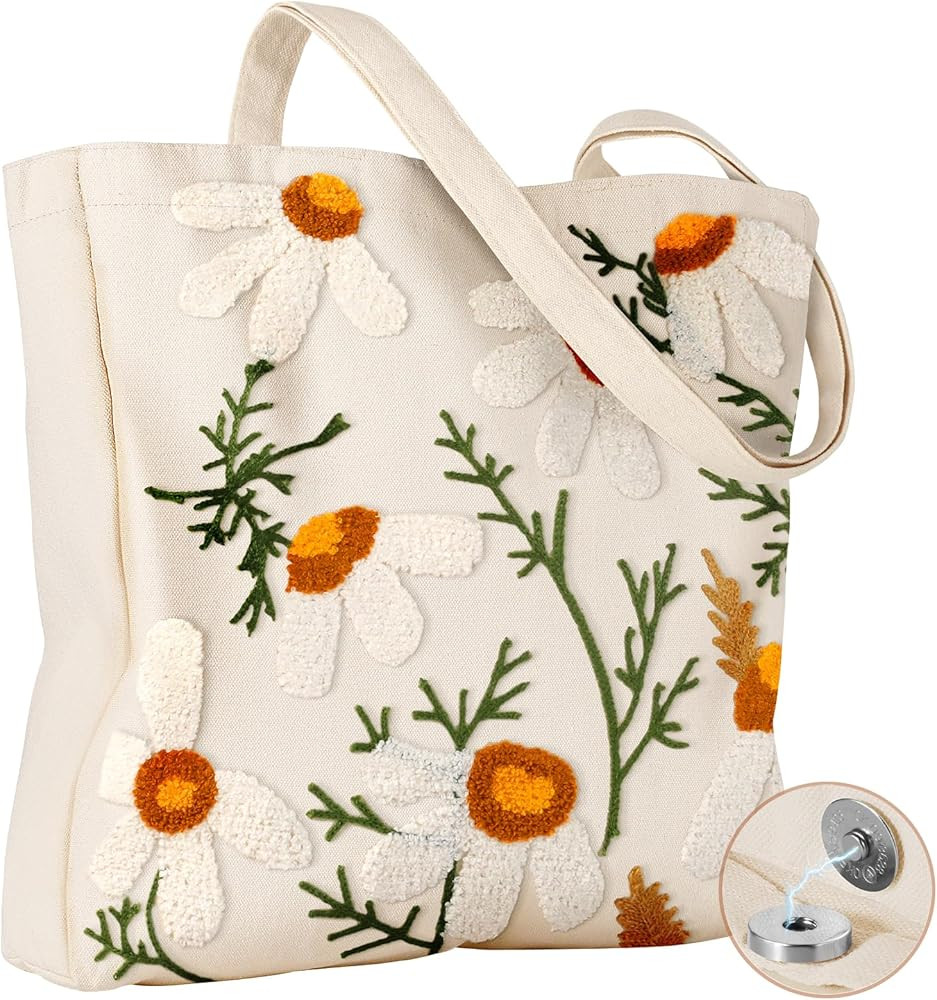 Aesthetic Embroidery Tote Bag for Women - Reusable Canvas Cute Shoulder Bag for Shopping, Grocery... | Amazon (US)