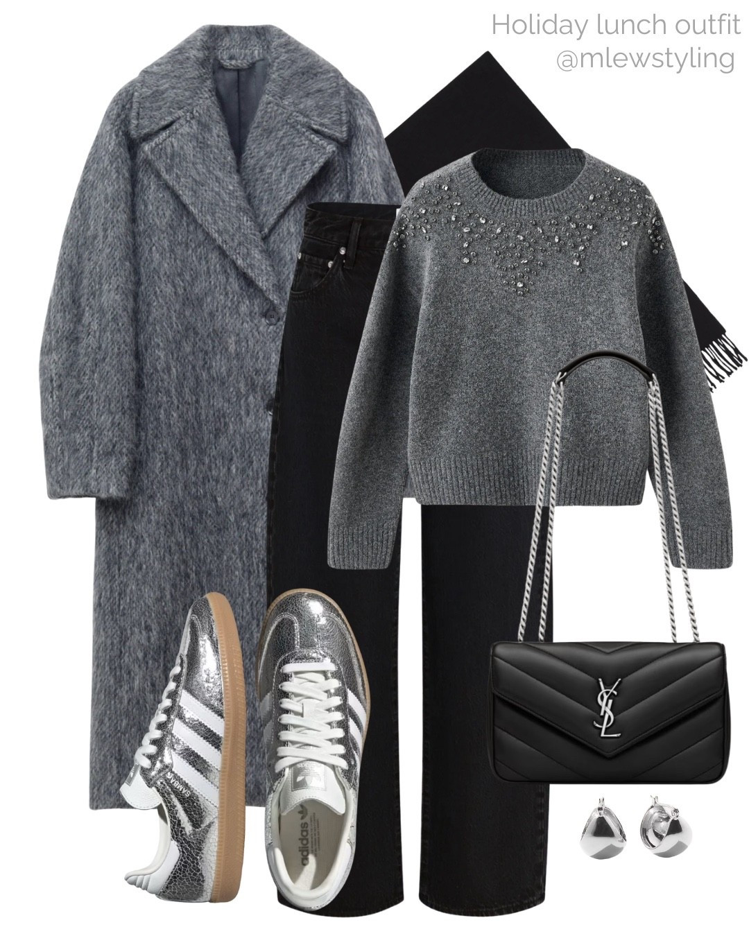 Holiday lunch outfit 🩶

Tags: winter outfit, grey wool coat, holiday sweater, pistola barrel leg jeans, black denim, YSL Lou Lou bag, silver adidas samba sneakers, black scarf, somber hoop earrings, Christmas lunch, festive look 

#LTKootd #LTKHoliday #LTKSeasonal