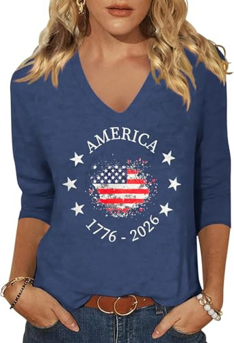 4th of July V Neck Shirt for Women:USA Flag Graphic 3/4 Sleeve Tee Stars and Stripes Tshirt Red W... | Amazon (US)
