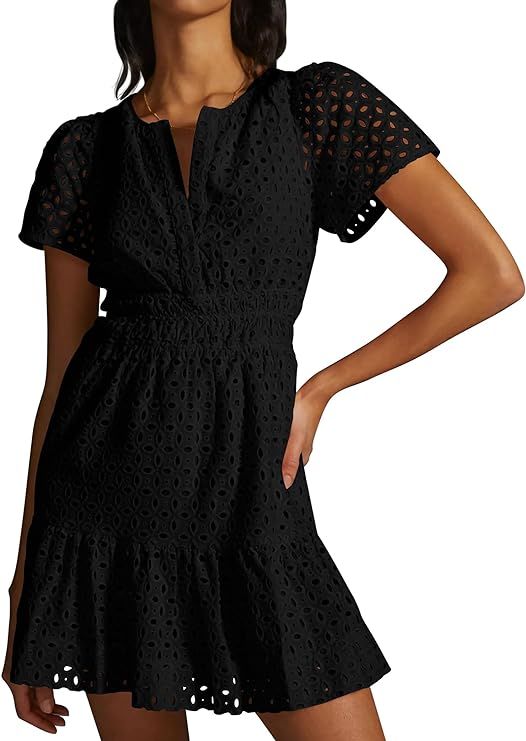 PRETTYGARDEN Womens 2024 Summer Short Dress V Neck Short Sleeve A Line Hollow Out Lace Ruffle Cut... | Amazon (US)