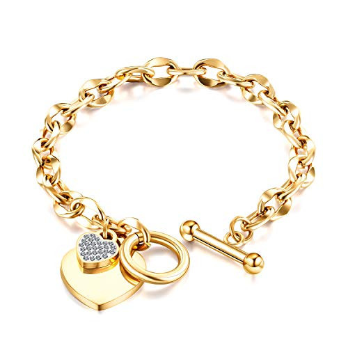 kelistom 316L Stainless Steel Love Heart Charm Bracelet for Women Romantic Gift Silver/Rose/18k Gold Plated OT Clasp Bracelets (18k gold-1) | Amazon (US)