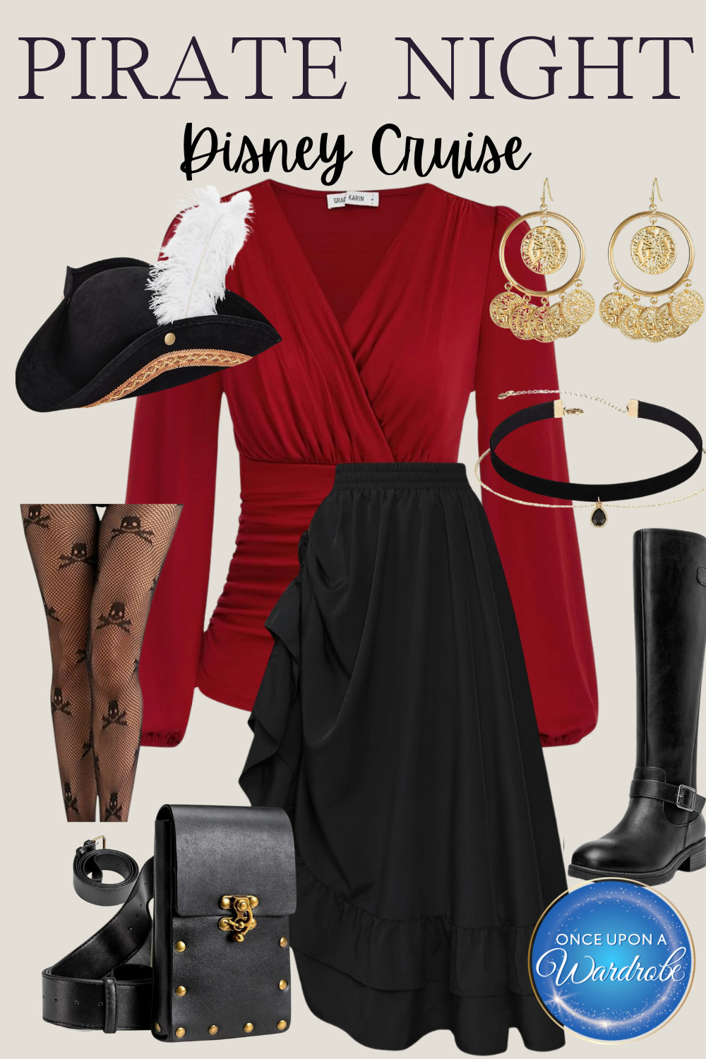 Disney Cruise outfit idea for Pirate Night that feels a little more elevated while still staying on theme. This women’s pirate night outfit pairs a red blouse with a black skirt, tall boots, and classic pirate-inspired accessories for a look that works from dinner to deck party.

If you’re planning your Disney Cruise outfits and want something a little dressier but still comfortable, this is an easy go-to. A great option for women’s pirate night outfits that look put together without feeling like a full costume. 

 #LTKmomlife #LTKTravel
