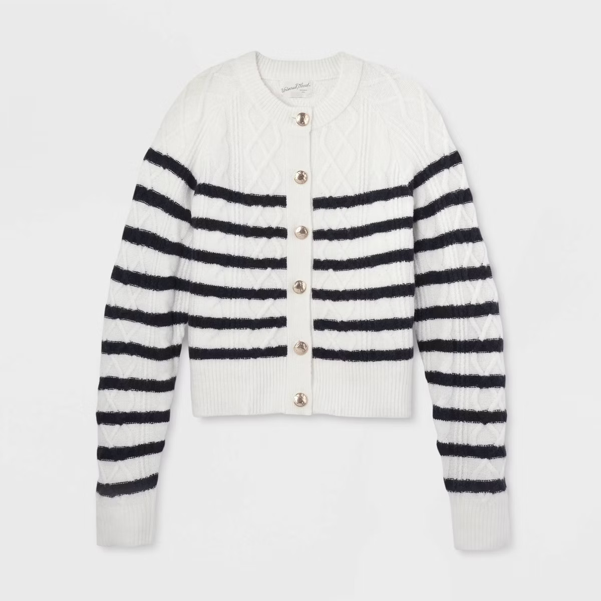 Women's Cashmere-Like Cable Stitch Cardigan - Universal Thread™ Navy/White Striped S | Target