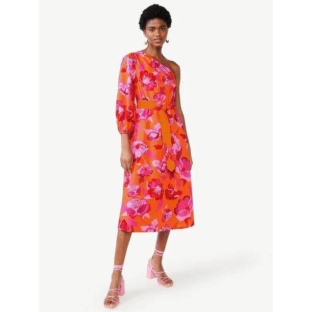 Scoop Women's One Shoulder Poplin Midi Dress, Sizes XS-XXL | Walmart (US)