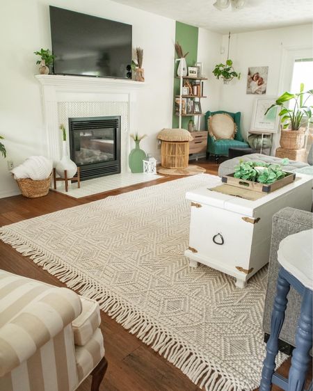 Boho living room aesthetics 🤍 new boho rug that fills the living space goes along way! Living room | Rug | Living room Rug | boho rug | boho home decor 

#LTKhome #LTKCon #LTKstyletip