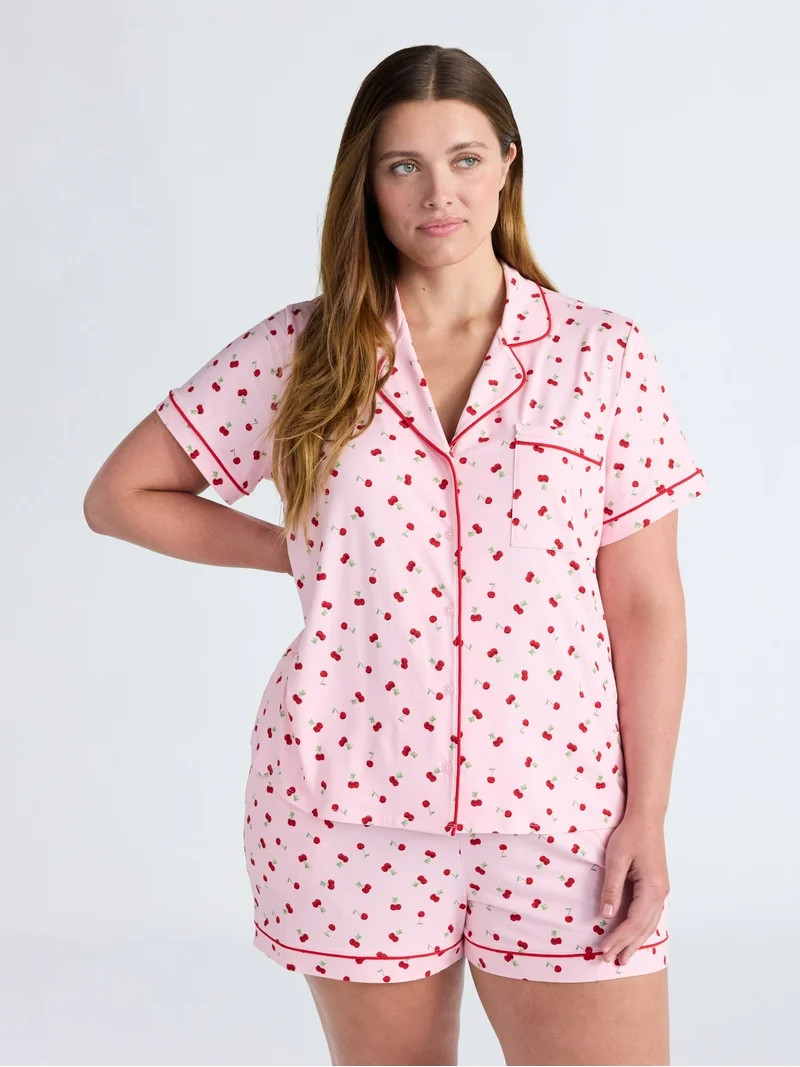 Joyspun Women’s Dreamy Soft Collection Notch Collar Knit Top and Boxer Shorts Pajama Set, Sizes... | Walmart (US)