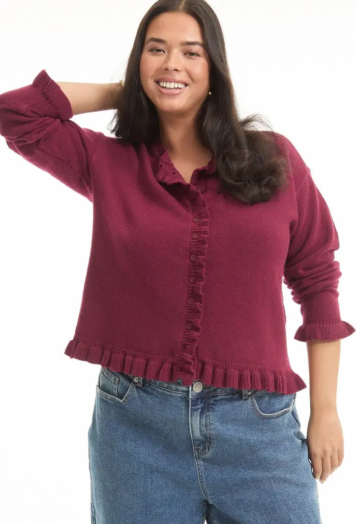 June + Vie Ruffle Hem Buttoned Sweater | Nordstrom | Nordstrom