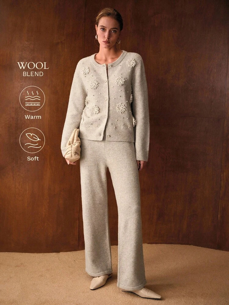 MOTF PREMIUM Conjunto De Cárdigan Y Pantalones Con Detalles De Flor En Relieve Con Strass Y Perlas Falsas | SHEIN