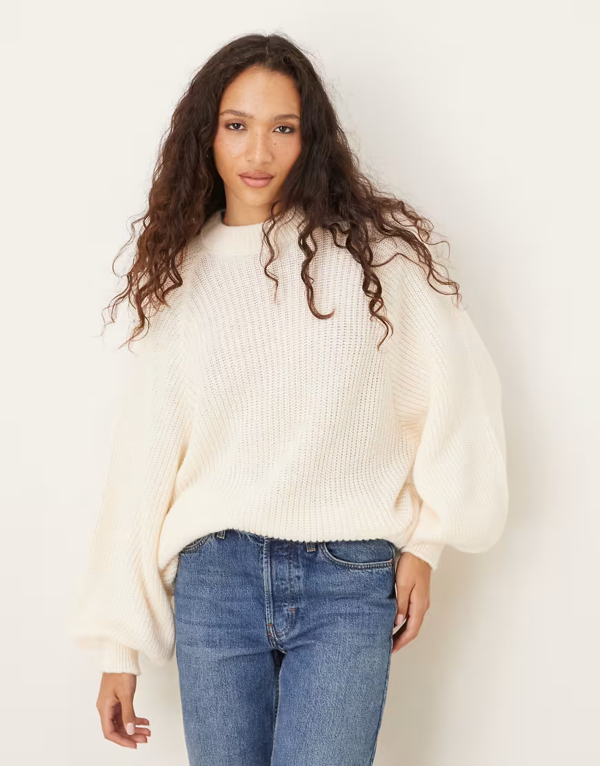 ASOS DESIGN knitted oversized jumper with balloon sleeve in mocha-White | ASOS (Global)