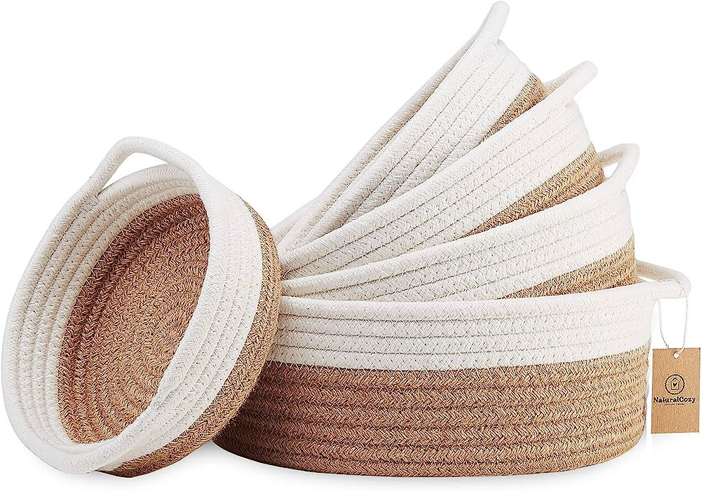 NaturalCozy 5-Piece Round Small Woven Baskets Set - 100% Natural Cotton Rope Baskets! Key Tray, K... | Amazon (US)