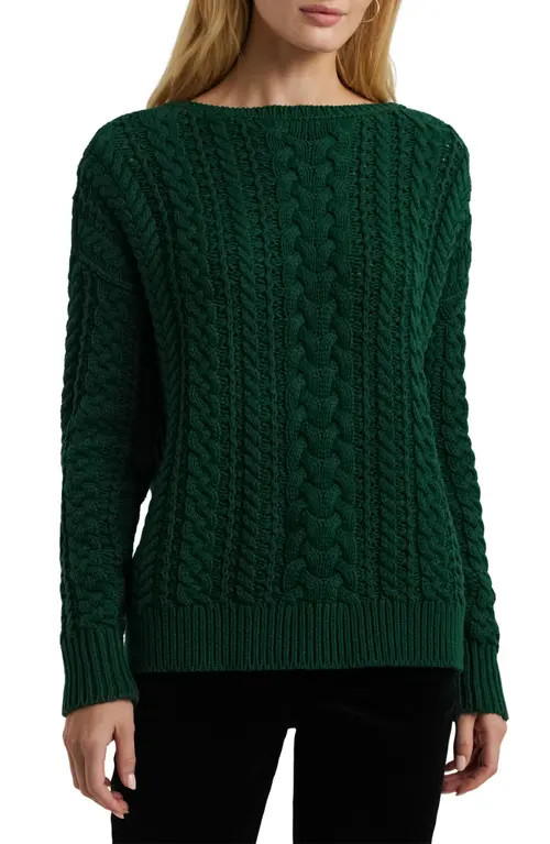 Lauren Ralph Lauren Cable Stitch Cotton Blend Sweater in Deep Emerald at Nordstrom, Size X-Small | Nordstrom