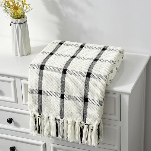 CREVENT 50"X60" Farmhouse Breathable Soft and Warm Chenille Plaid Throw Blanket for Sofa Couch Bed, Home Decoration Throw with Tassles (Black & White) | Amazon (US)