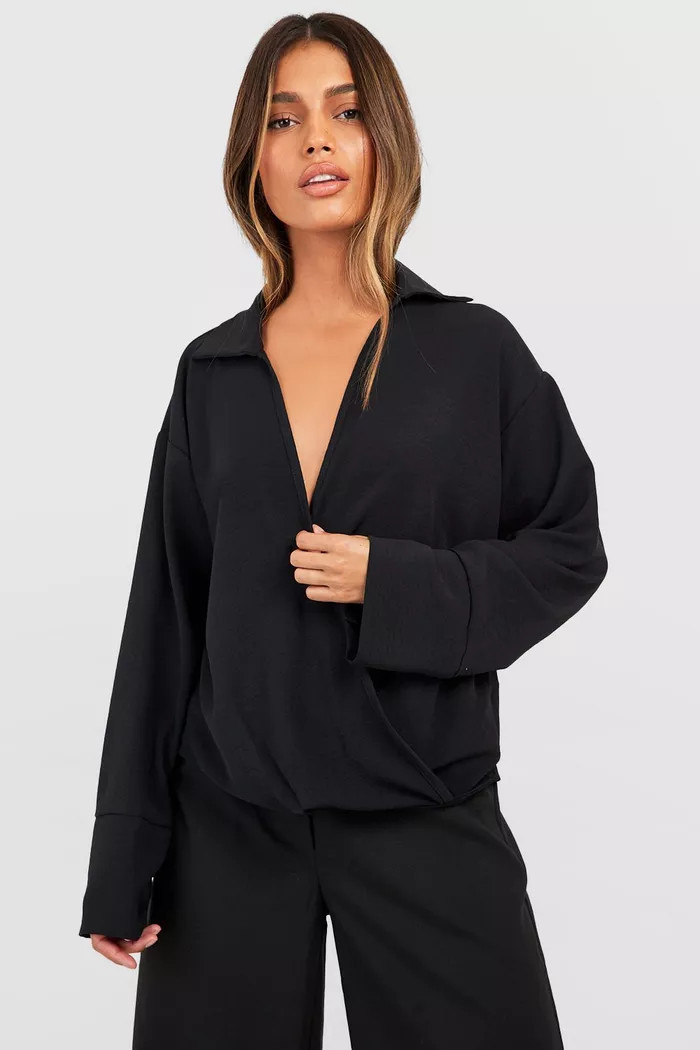 Hammered Drape Wrap Front Blouse | boohoo (US & Canada)