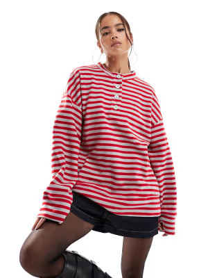 ASOS DESIGN supersoft oversized henley in red and charcoal stripe | ASOS (Global)