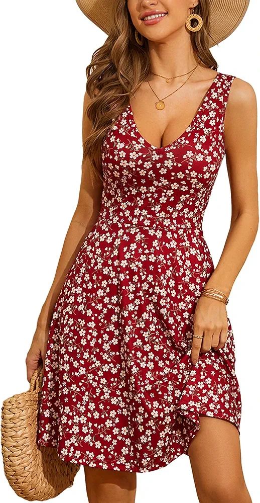 HUHOT Womens Sleeveless V Neck Dress with Pocket Summer Beach Midi Flared Tank Dress | Amazon (US)