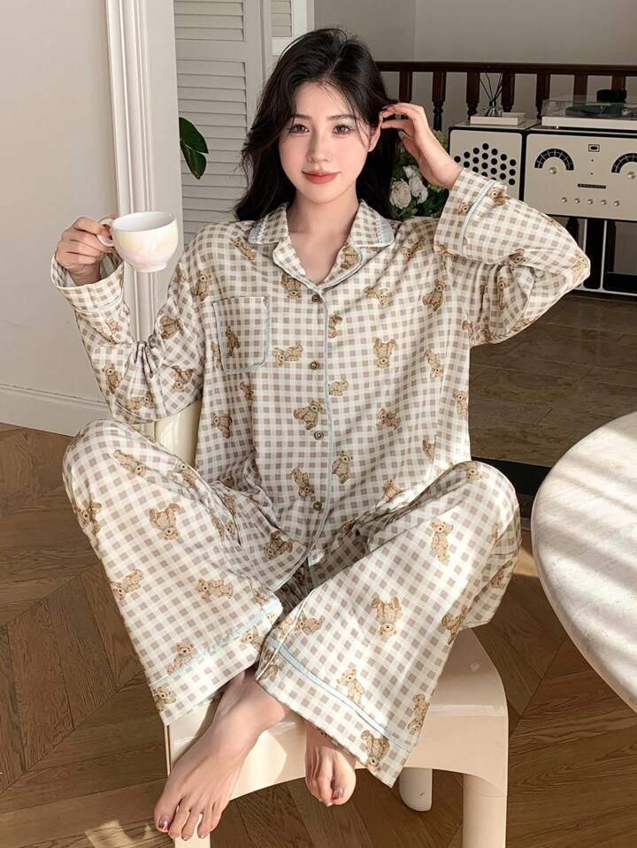 DAZY 2pcs/Set Plaid Teddy Bear Pattern Long Sleeve Top & Pants Pajama Set | SHEIN
