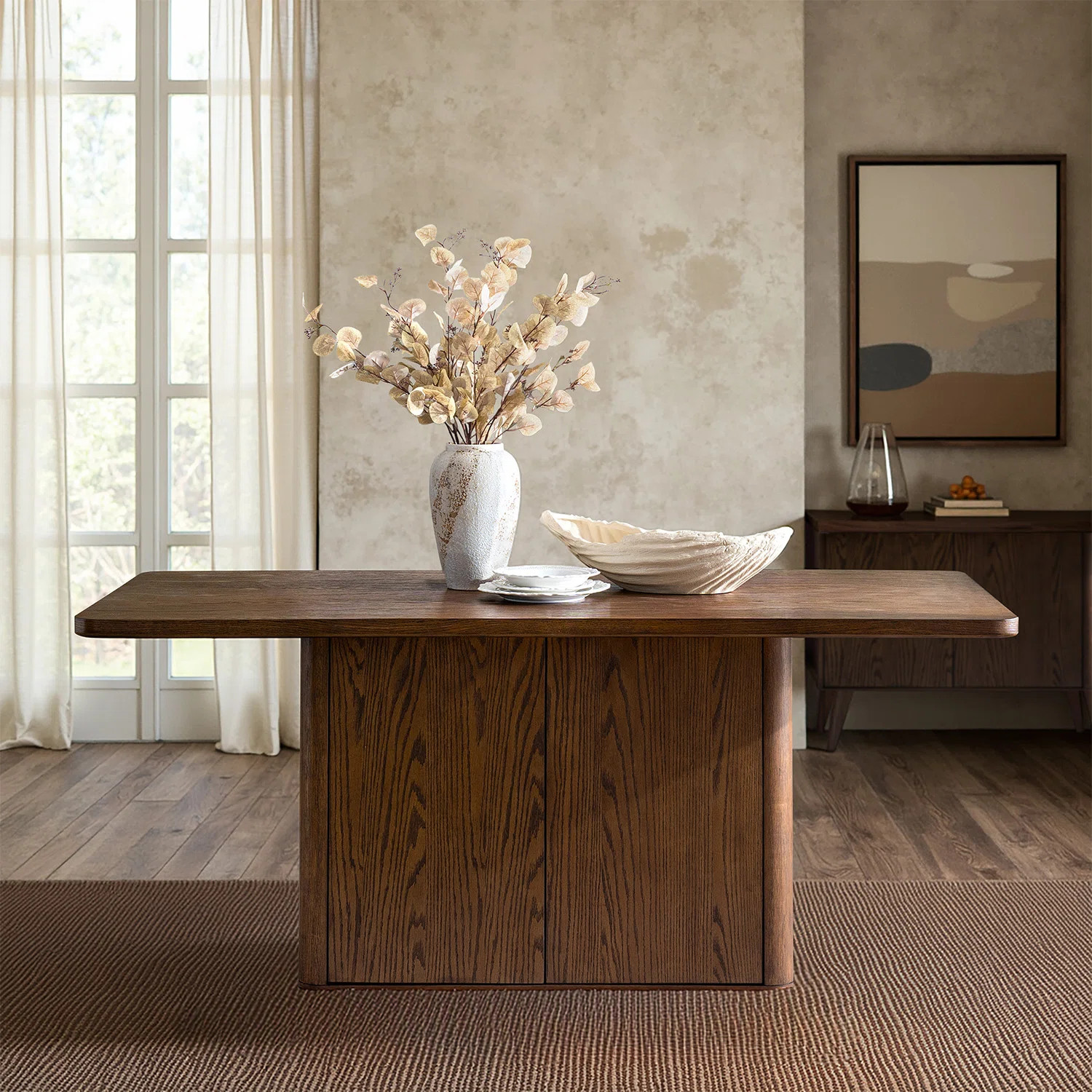 Arnolec 70''W Modern Farmhouse 8-Person Solid Wood Frame Oak Dining Table with Storage | Wayfair North America