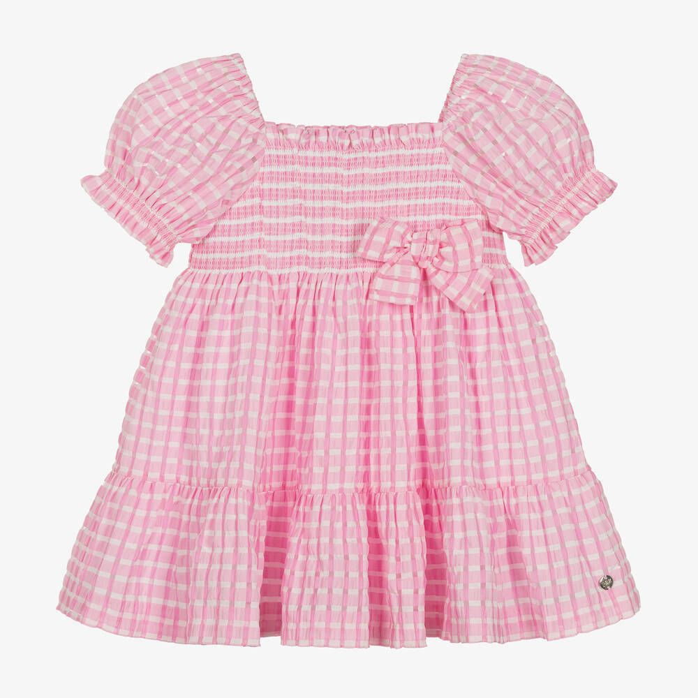 Girls Pink Shirred Gingham Seersucker Dress | Childrensalon