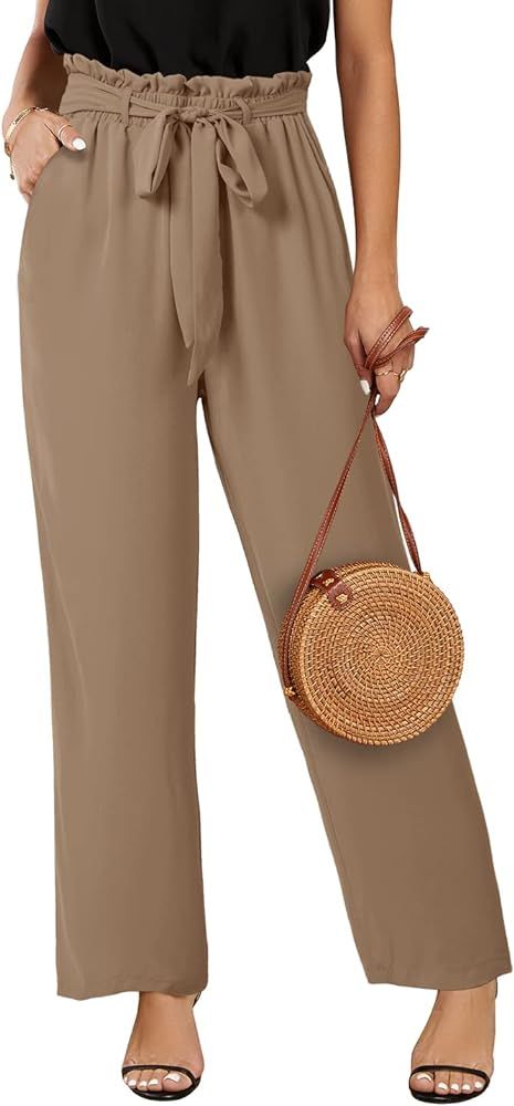SySea Womens High Waisted Leopard Print Palazzo Pants Belted Wide Leg Long Trousers with Pockets | Amazon (US)