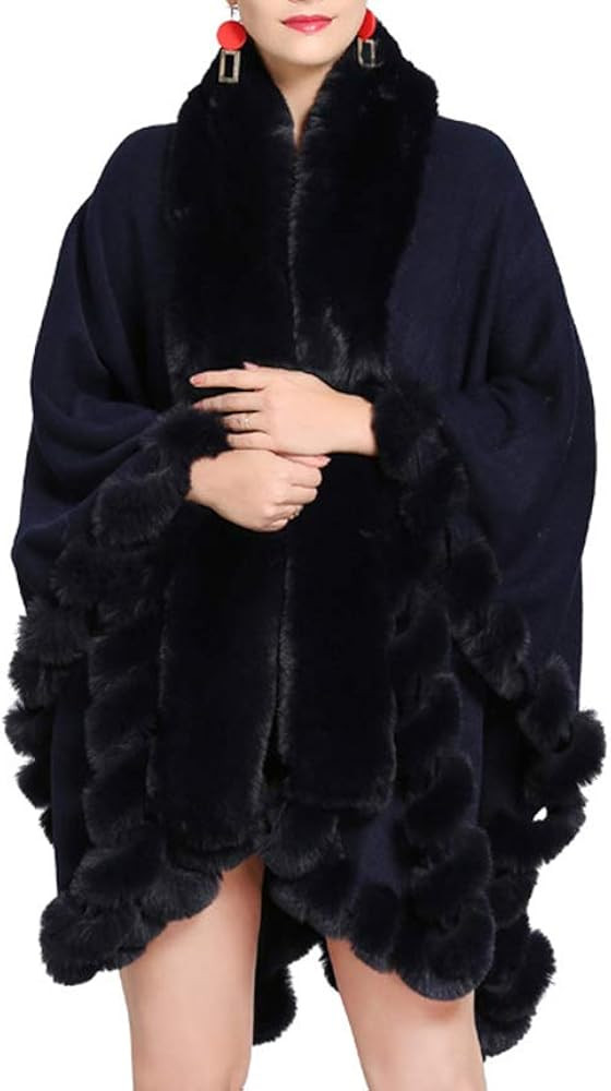 Faux Fox Fur Trim Cardigan Cloak Shawl Wraps Winter Poncho Oversized Cape | Amazon (US)