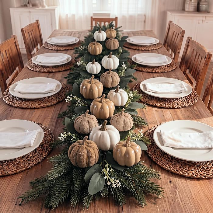 Patelai 28pcs Fall Table Runner 6 ft Pine Garland Autumn Pumpkin Decoration | Amazon (US)