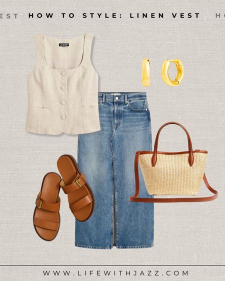 How to style a beige linen vest with a denim skirt

Linen vest/ denim skirt/ straw purse/ jewelry/ chunky sandals/ summer style/spring style/ casual style

#LTKSeasonal #LTKSaleAlert
