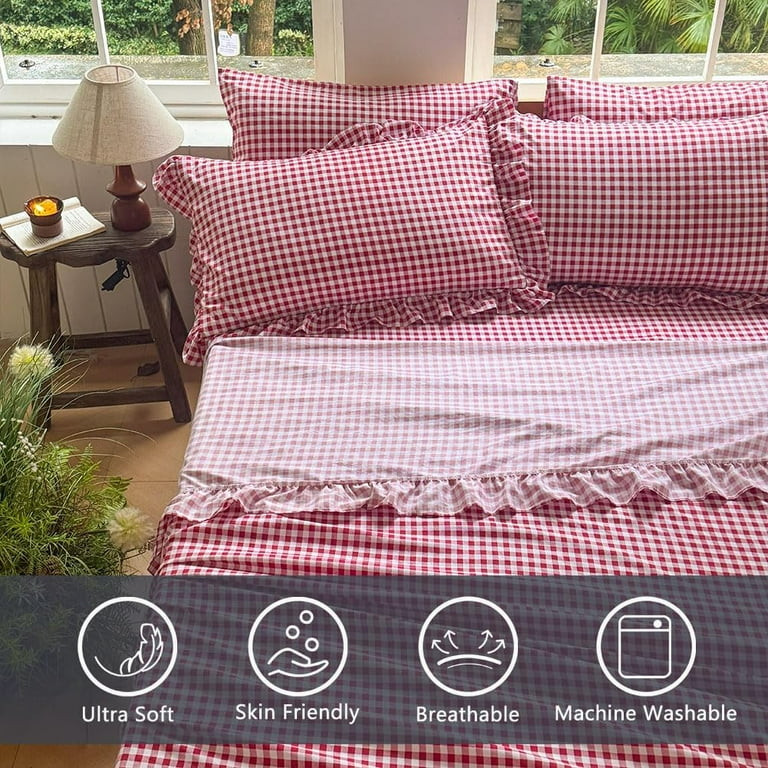 Red Gingham Ruffle Queen Sheet Set, Taupe Soft Pre-Washed Microfiber Plaid Ruffled Queen Bed Shee... | Walmart (US)