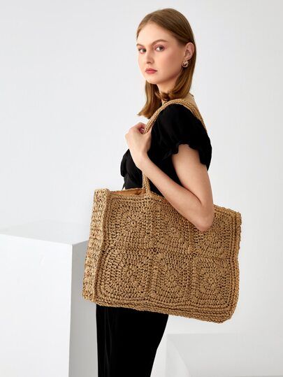 Crochet Detail Straw Bag | SHEIN