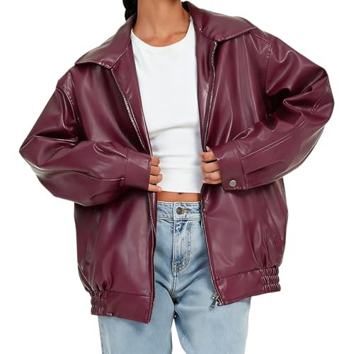 Muzly Womens Faux Leather Jackets Oversized Motorcycle Jacket Bomber Coats Fashion Outfits Spring Fall Clothes (Burgundy,M) | Amazon (US)