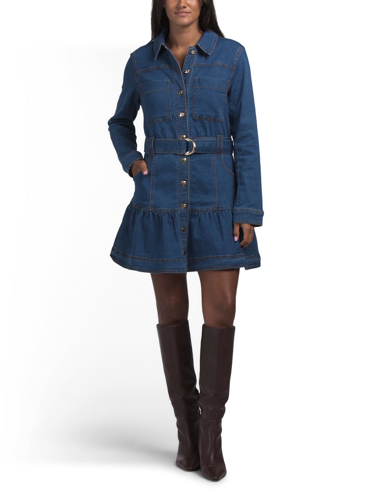 Long Sleeve Denim Button Up Mini Dress With Self Belt | TJ Maxx