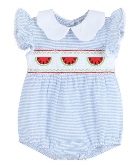 Lil Cactus Blue Stripe Watermelon Smocked Flutter-Sleeve Bubble Romper - Toddler | Zulily