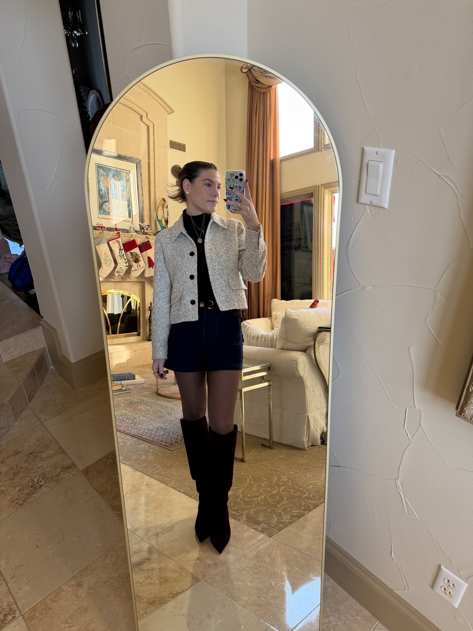 I typically don’t wear shorts to the office but this felt elevated with the tights 

Jean shorts - 26 
Top - small 
Jacket - 6 
Belt - small 
Non rip tights - medium 

#LTKWorkwear #LTKootd