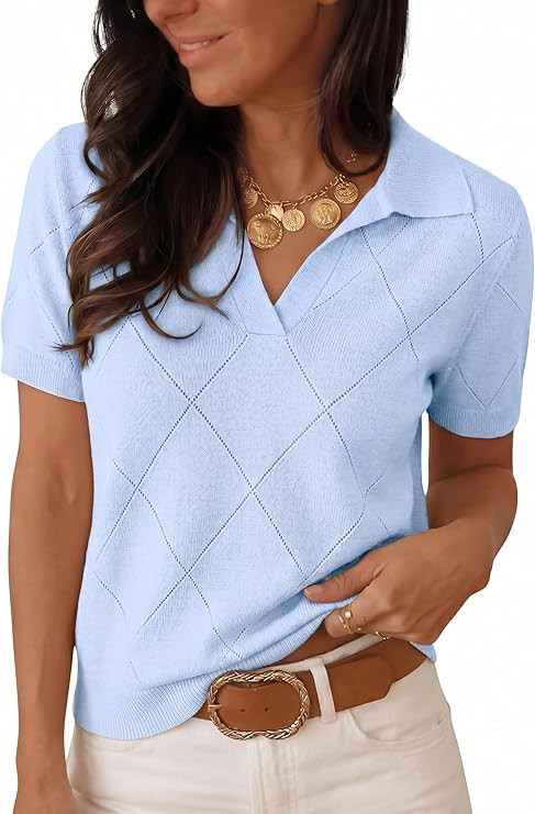 Dokotoo Women Short Sleeve Sweater V Neck Knit Tops Business Casual Collared Work Shirt | Amazon (US)
