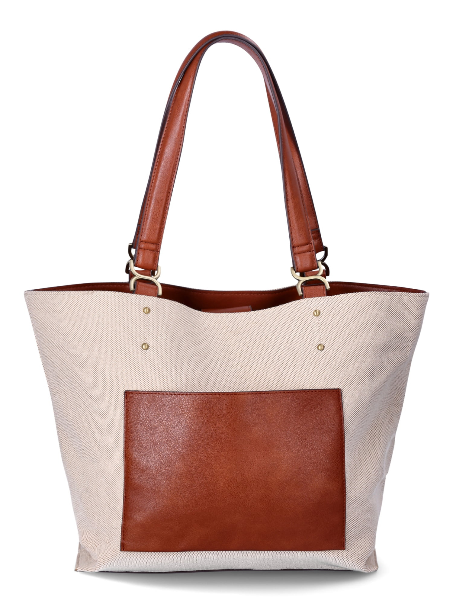 Time and Tru Women's Raya Canvas Tote Bag, Natural Cognac | Walmart (US)