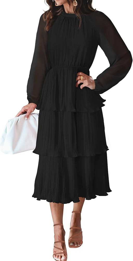 ZESICA Women's 2023 Long Sleeve Crew Neck Ruffle Tiered Layered Chiffon Flowy Swing Long Midi Dre... | Amazon (US)