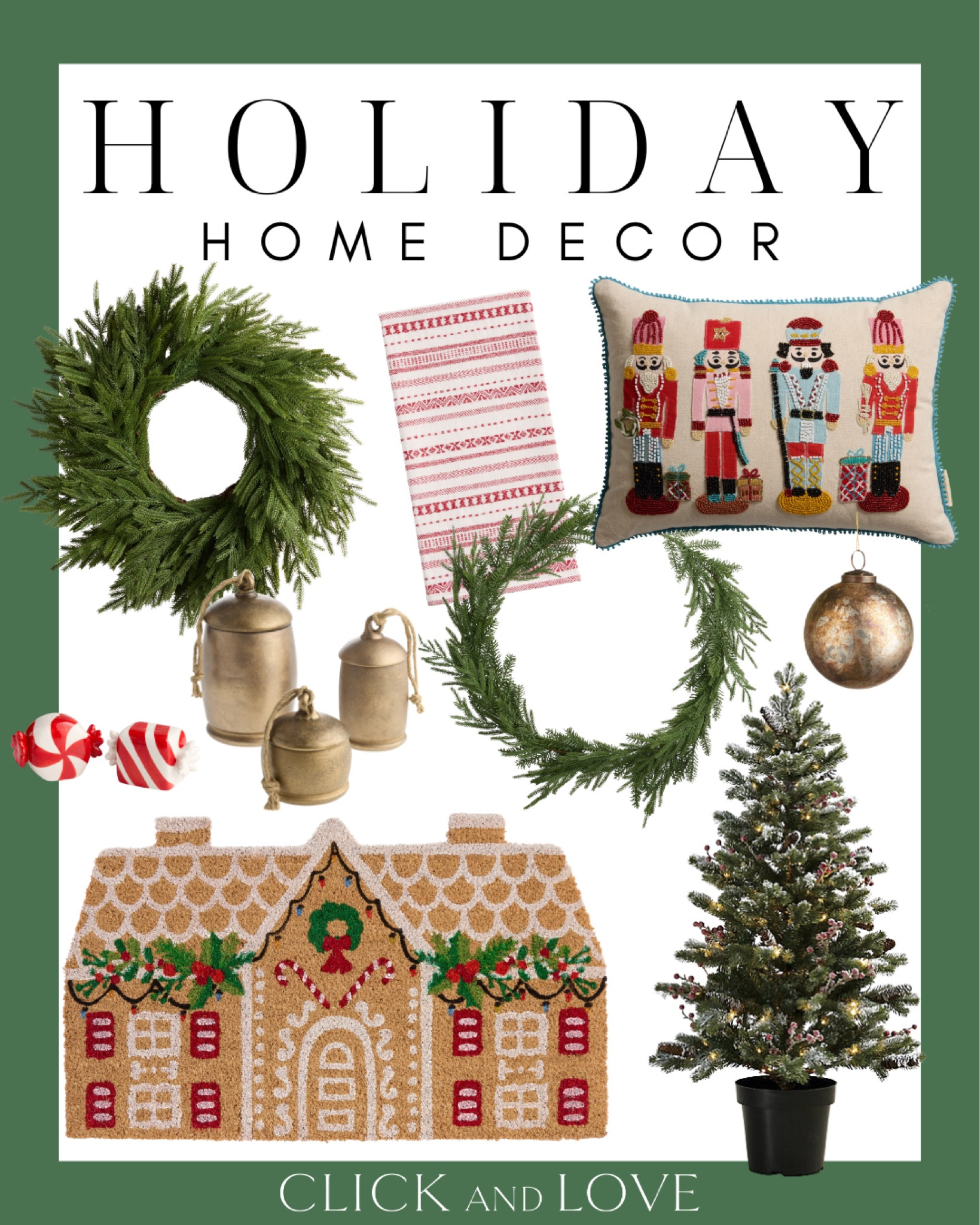Holiday home decor finds! Pretty accent items to add into your holiday rotation 🎁

 Nutcracker pillow, holiday pillow, tea towel, ornament, gold ball ornament, candy salt and pepper shaker, gingerbread house door mat, mini tree, faux garland, Holiday, Christmas, Christmas decor, holiday decor, seasonal decor, budget friendly home decor, Christmas tree, holiday wreath, ornaments, garland, gold bells, bell decor, holiday essentials, holiday must haves, Christmas tree decor,

#LTKHome #LTKHoliday #LTKFindsUnder50
