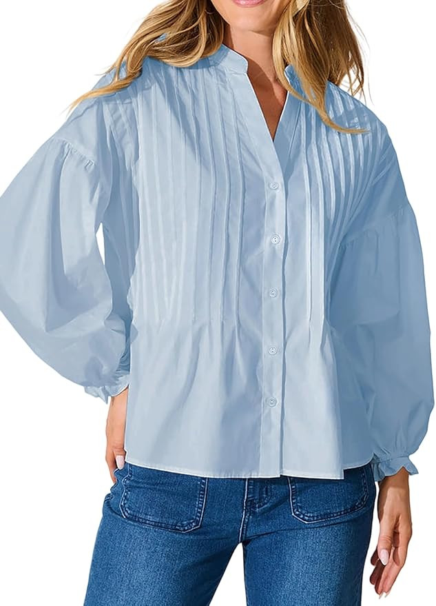 Women's Button Down Shirts Mandarin Collar V Neck Long Sleeve Blouse Pleated Shirt | Amazon (US)